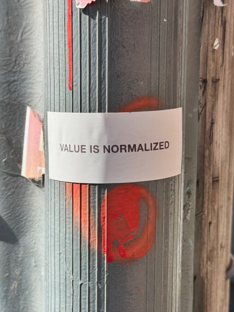 Control Text field test sticker reading “Value Is Normalized” placed on a street pole in San Francisco.